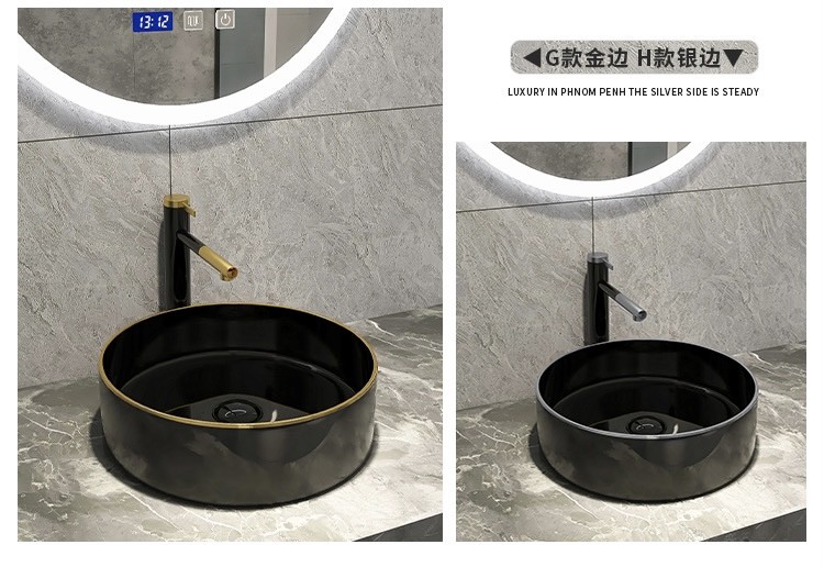 Countertop Ceramic Round Ceramic Wash Basin Matte Shiny Black Color