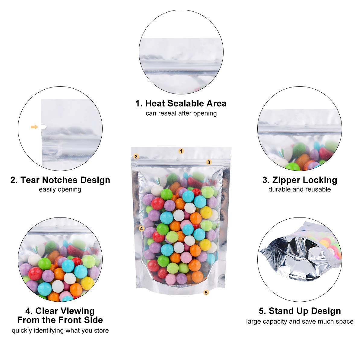 Gloss Heat Seal Custom Mylar Bags Holographic Resealable Pouch With Window OEM