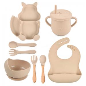 China Squirrel 100% Silicone Plates And Bowls Bib Set 8 Piece Eco Friendly on sale