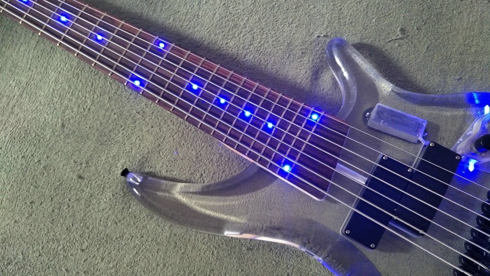 7 Strings Bass Guitar Limited Edition Clear Acrylic Body Rosewood fingerboard inlay Blue LED lamp Electric Bass Guitar