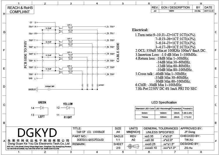 DGKYD211Q052FD2A5D RJ45 Network Connector Ethernet Filter