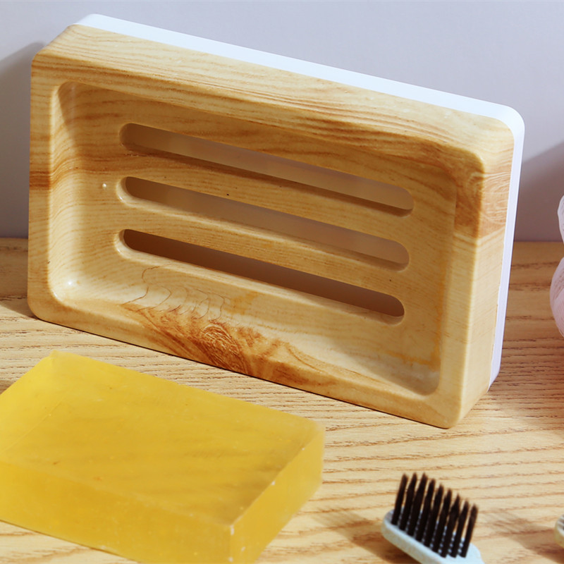 Toilet Wood Grain Shelf Plastic Soap Holder Dish Tray With Lid Drain
