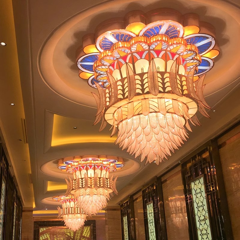 JYLIGHTING custom project luxury crystal glass led chandelier Colored glass feather shape large golden crystal ceiling