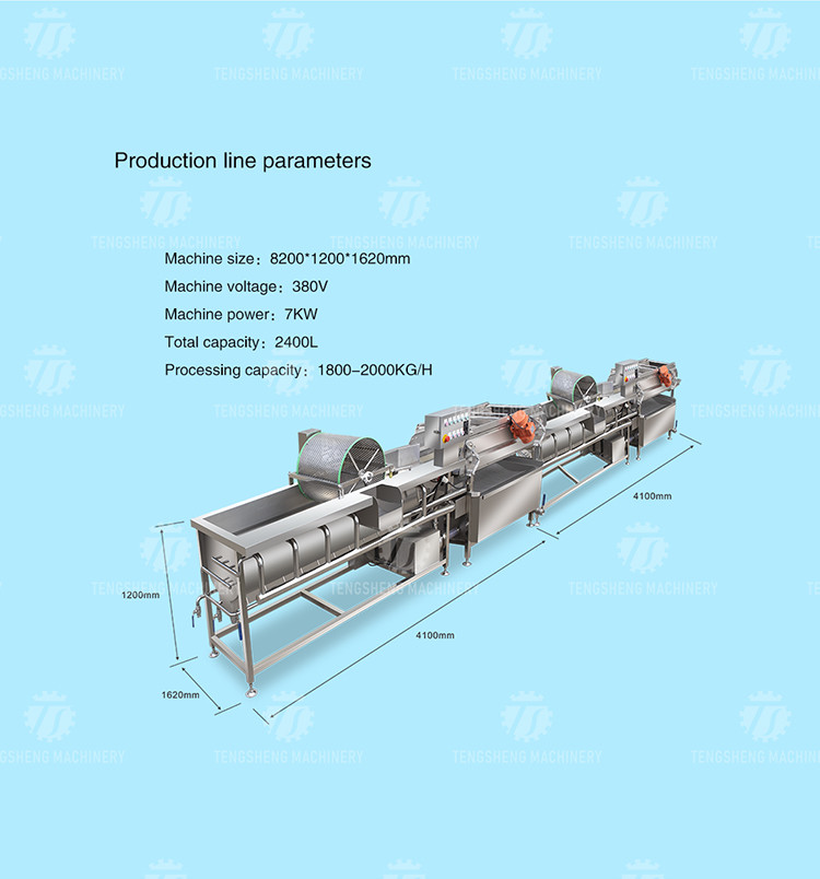 2400L 1800KG/H Fruit Vegetable Washing Line With Swirling Bubbles
