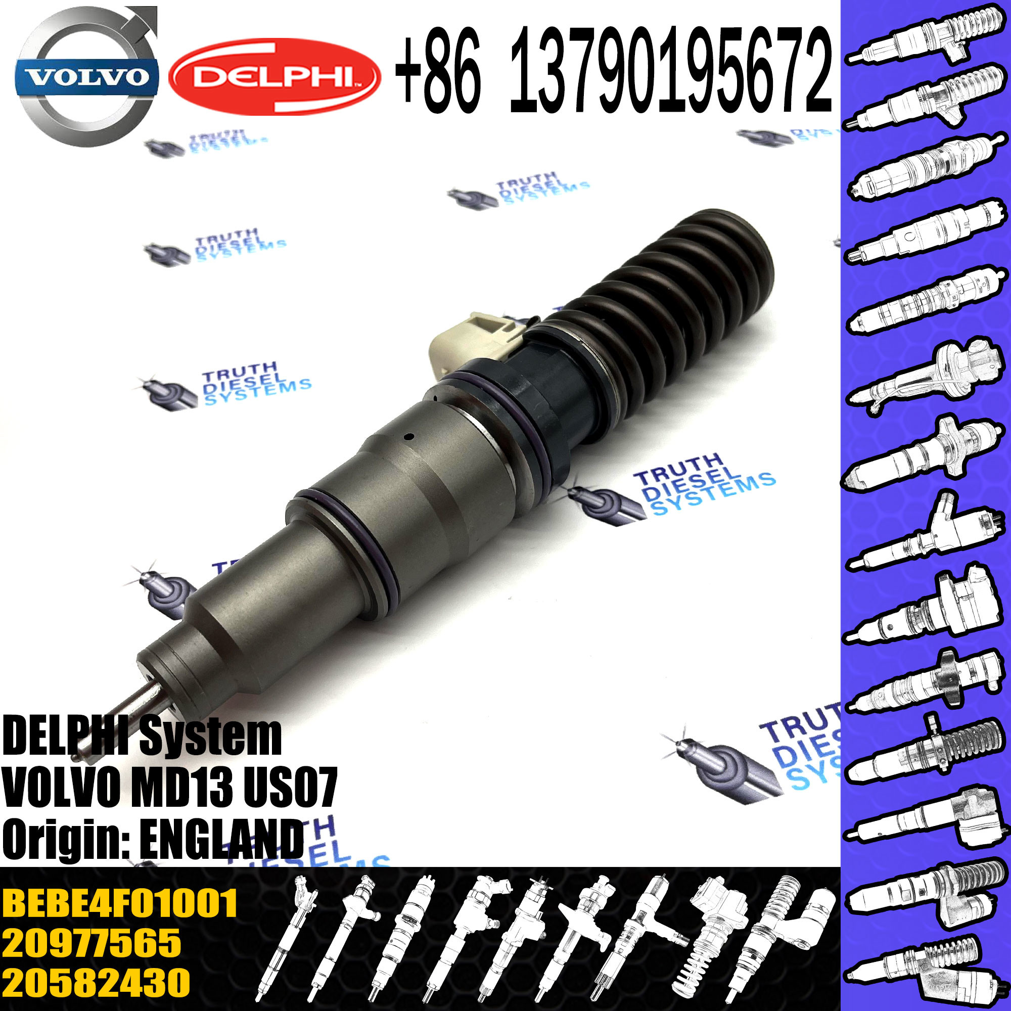 BEBE4F04001 Diesel fuel injector 20977565; MD13 E3.3 injector nozzle BEBE4F01101, BEBE4F01102 Common rail injector