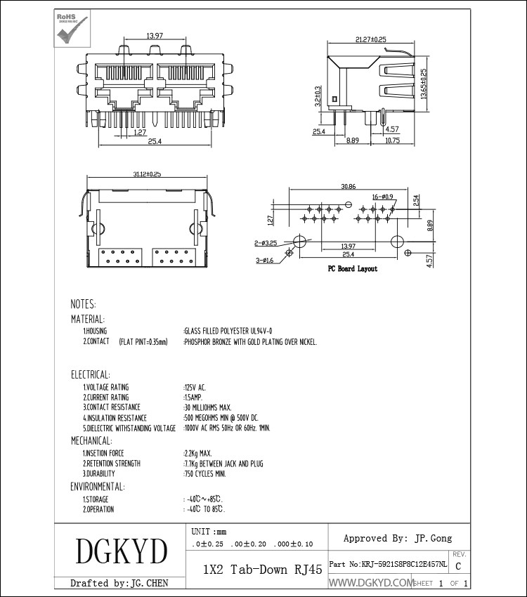 KRJ -5921S8P8C12E457NL 2 Port RJ45 Interface Jack Network Connector RJ45 Modular Jack