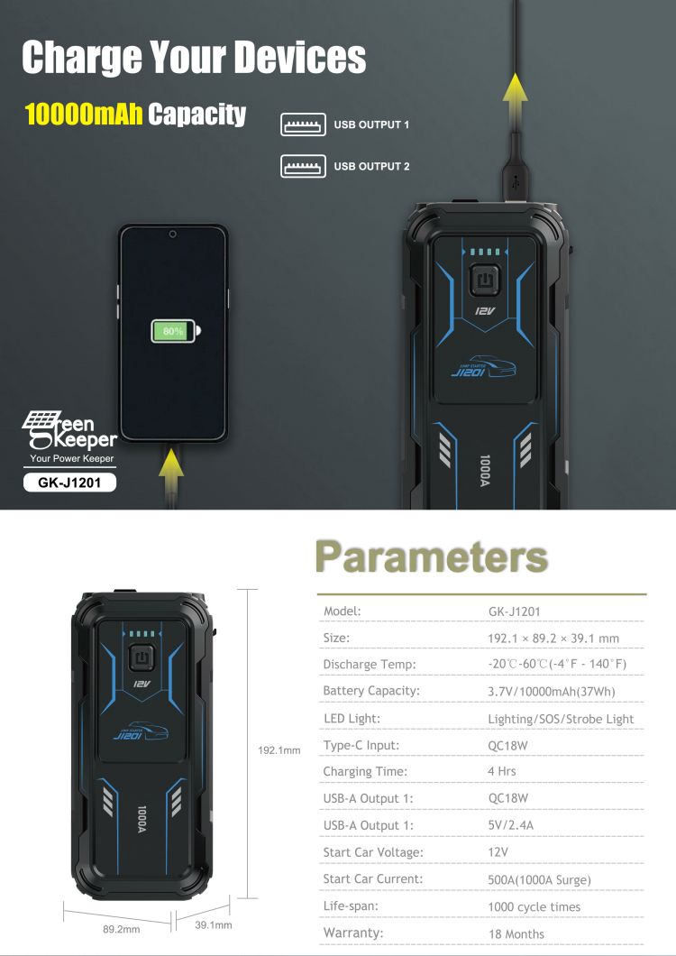 Multifunctional Portable Car Jump Starter with UltraSafe Super Capacitor and LED Light