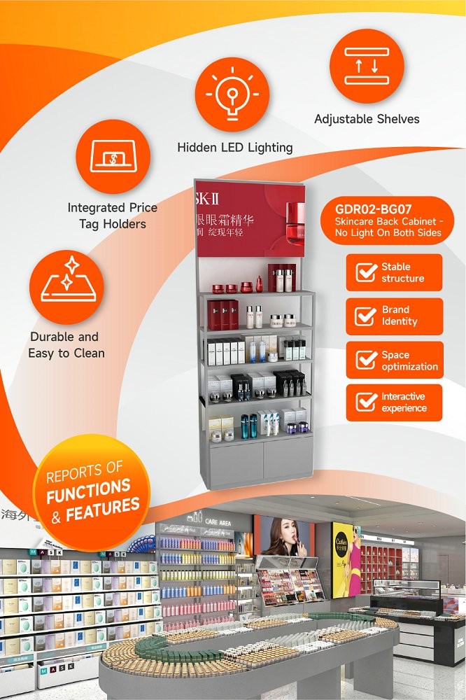 GDR02-BG07 No Light Skincare Display Cabinet with Multi-Purpose Storage and Modern Style for Department Stores