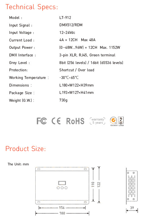 ROHS Dmx512 Decoder , 12 Channel Rgb Led Dmx Decoder With Shortcut Protection