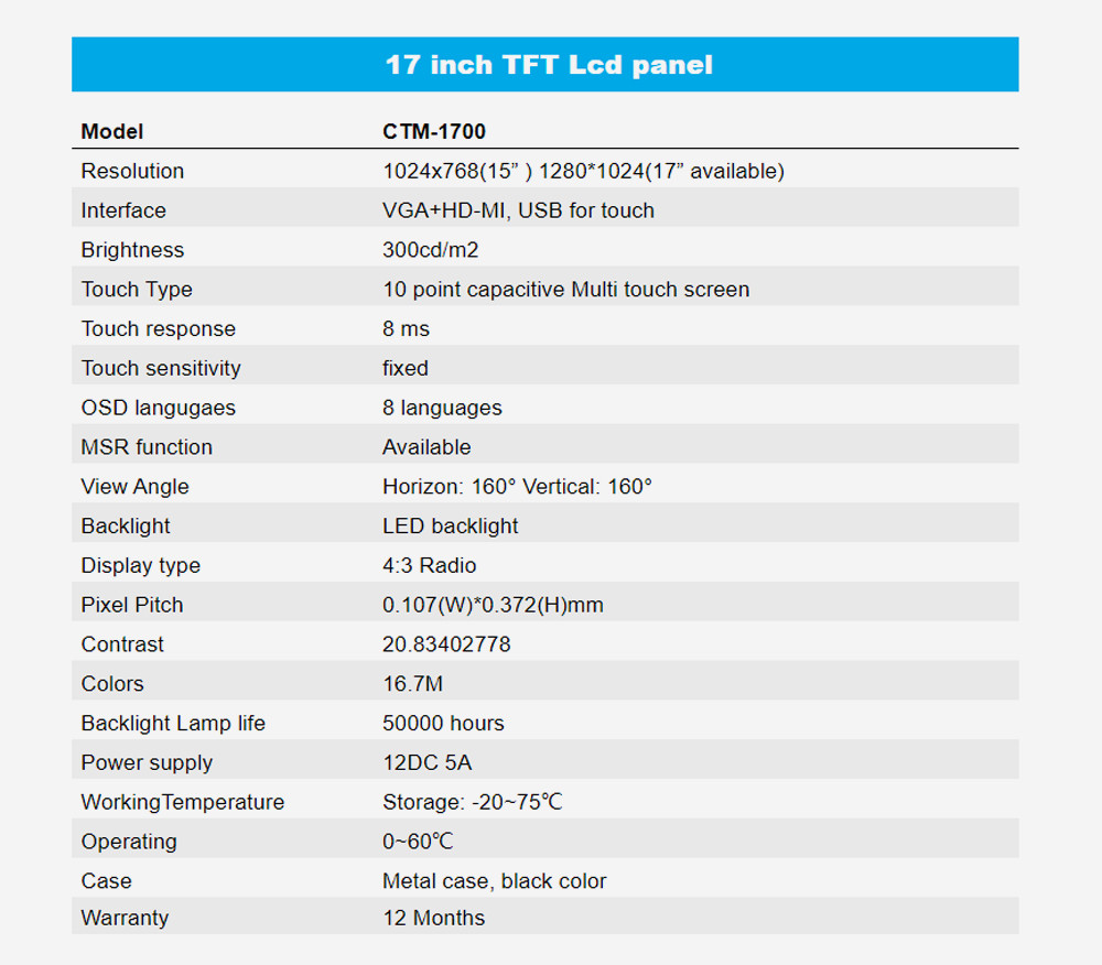 High Resolution 300cd/M2 Capacitive Pos Touch Screen Monitor TFT LCD Panel