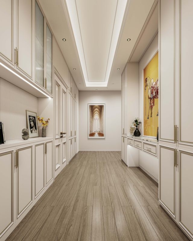 Durable Elegantly Crafted Custom Walk In Closet With Refined Gold Detailing