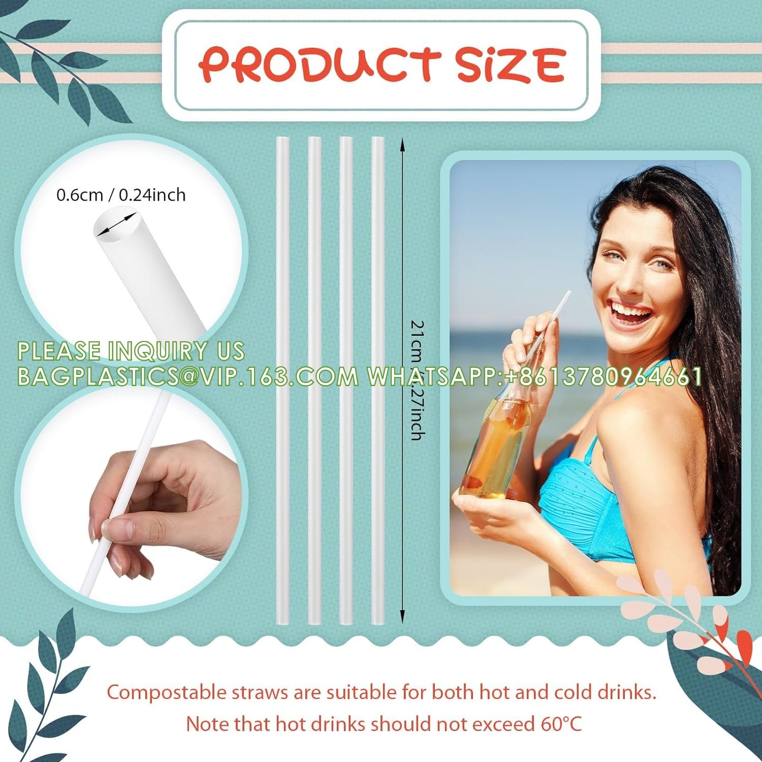 Compostable Straws 7 3/4 Inch Long - Clear Disposable Straws, Eco Friendly Drinking Straw For Milkshake Smoothies