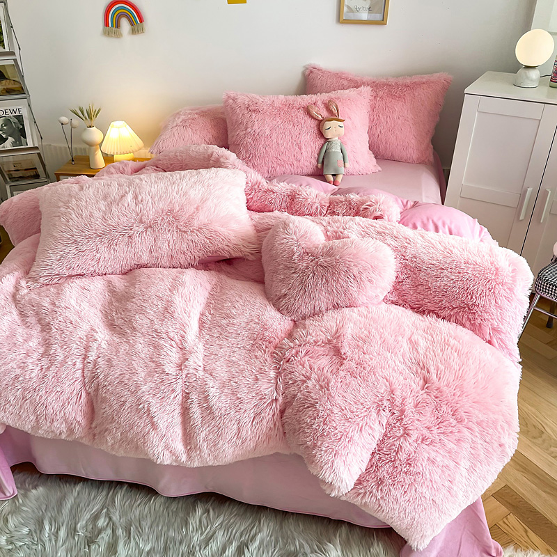 NO Customization Required Morden Luxury Jade Pink Shaggy Warm Mink Velvet Bedding Set