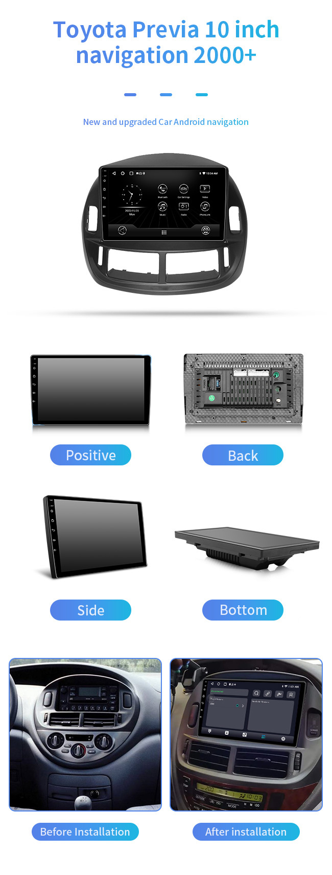 10 Inch Touch Screen Car Stereo With Bluetooth And Navigation 2000+ For Toyota Previa