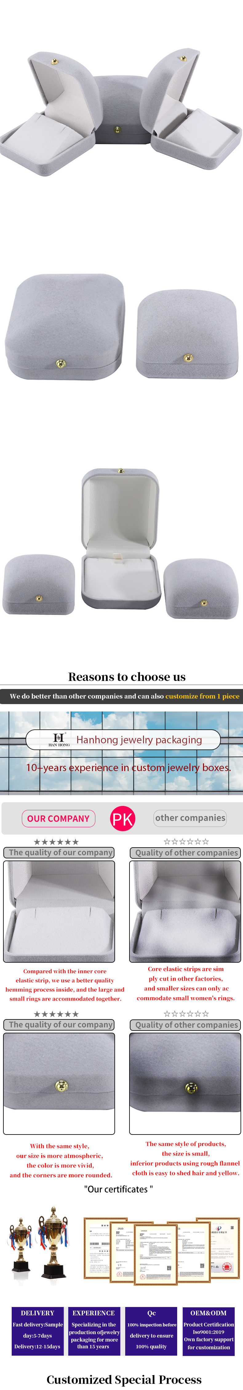 Hanhong Gray Velvet Rectangle Jewelry Box for Bracelet Earrings Necklace Ring Custom