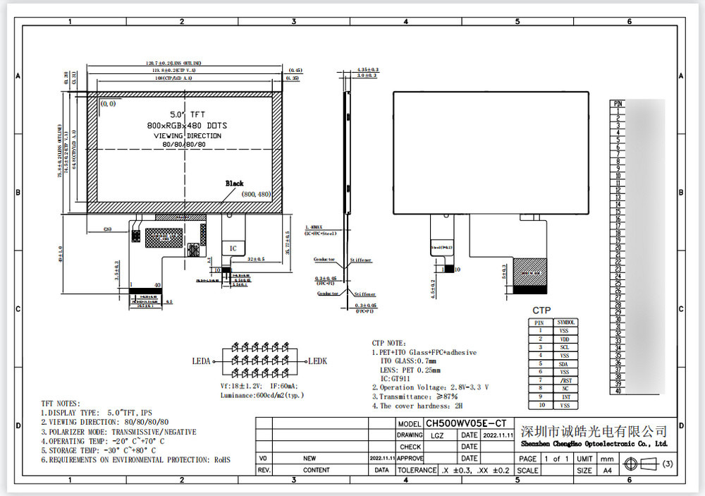 800*480dots IPS TFT LCD Display 5.0 Inch Capacitive Touch Screen