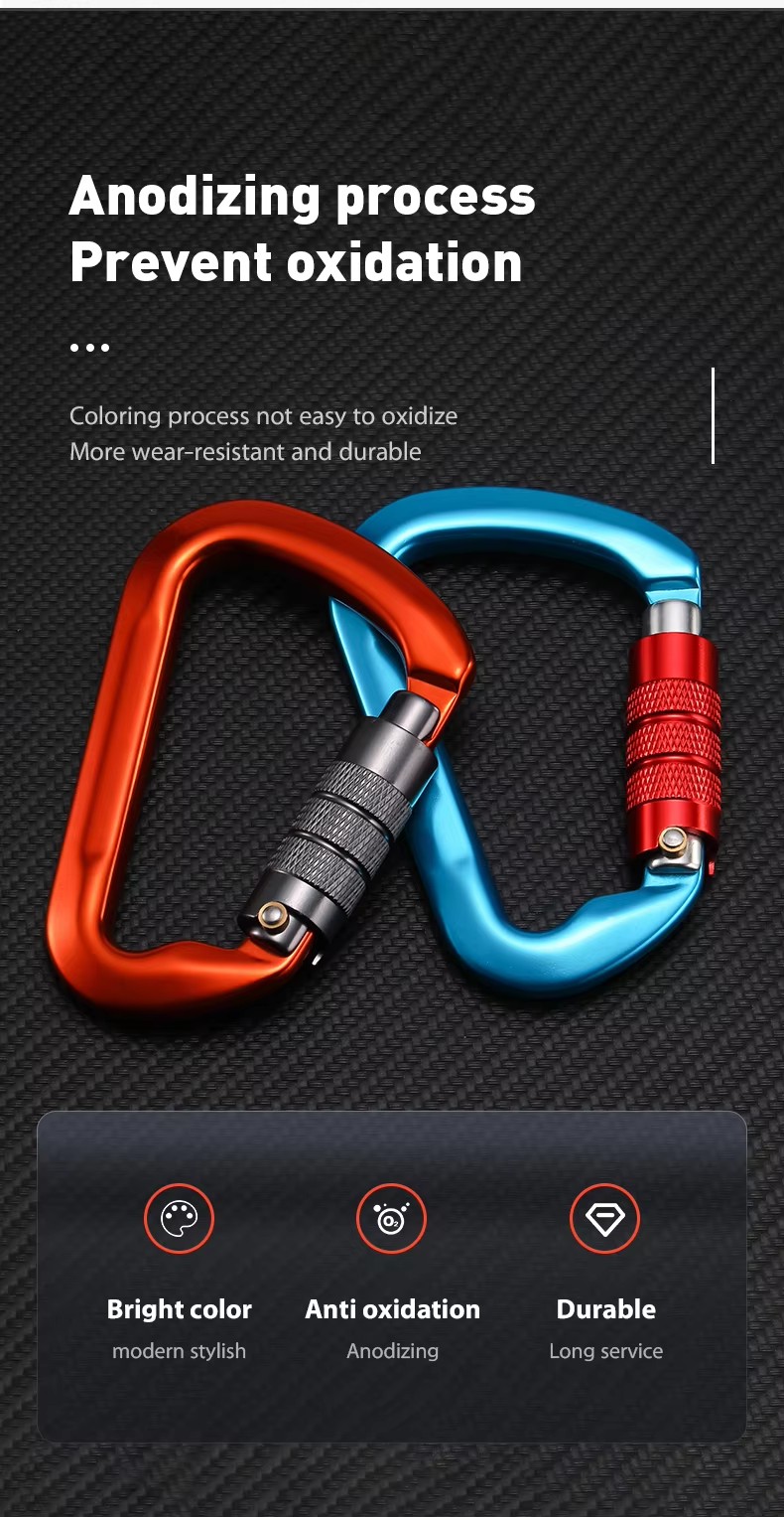 Customized Logo and Color Aluminum D Shape Climbing Snap Hook 30KN for Outdoor Sports
