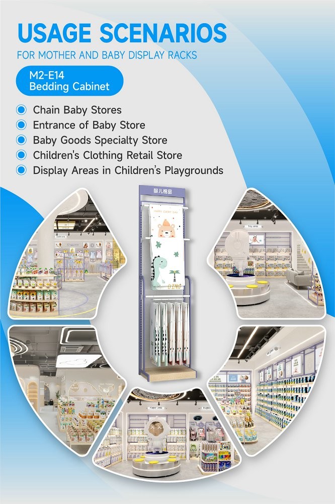 M2-E14 Maternity And Baby Store Bedding Cabinet with White Spray Side Hangers and Adjustable Shelves