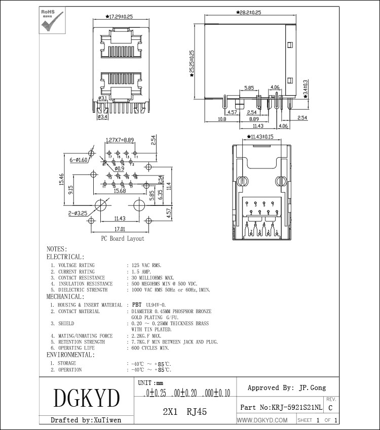KRJ -5921S21NL Shielded Rj45 Connector 8 Pin Modular Jack 2x1 Offset Stack Jack