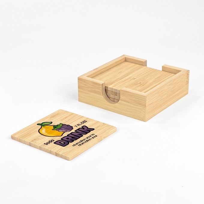 Sublimation Photo Printing Bamboo Coaster Set With Holder 10*10cm Thick 0.5cm