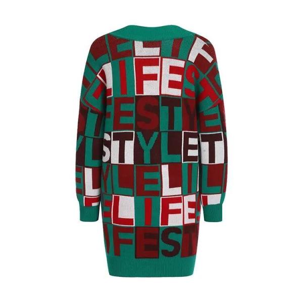 New V Neck Long Sleeved Monogram Jacquard Knitted Cardigan Coat Women&prime;s Sweater