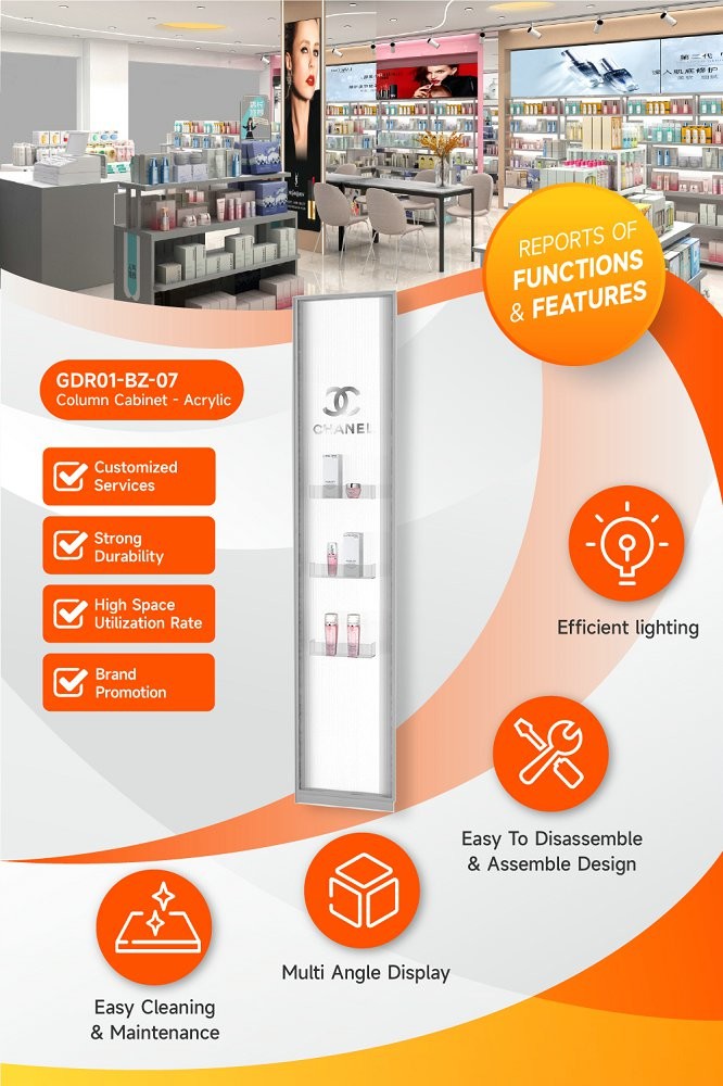 GDR01-BZ-07 Retail Display Column with Grey Melamine and LED Strip Lights for Modern Retail Stores