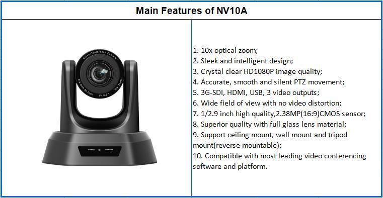 Nv10A 10X Zoom HDMI/SDI/USB 3 Video Outputs HDMI HD1080p Video Conference Camera