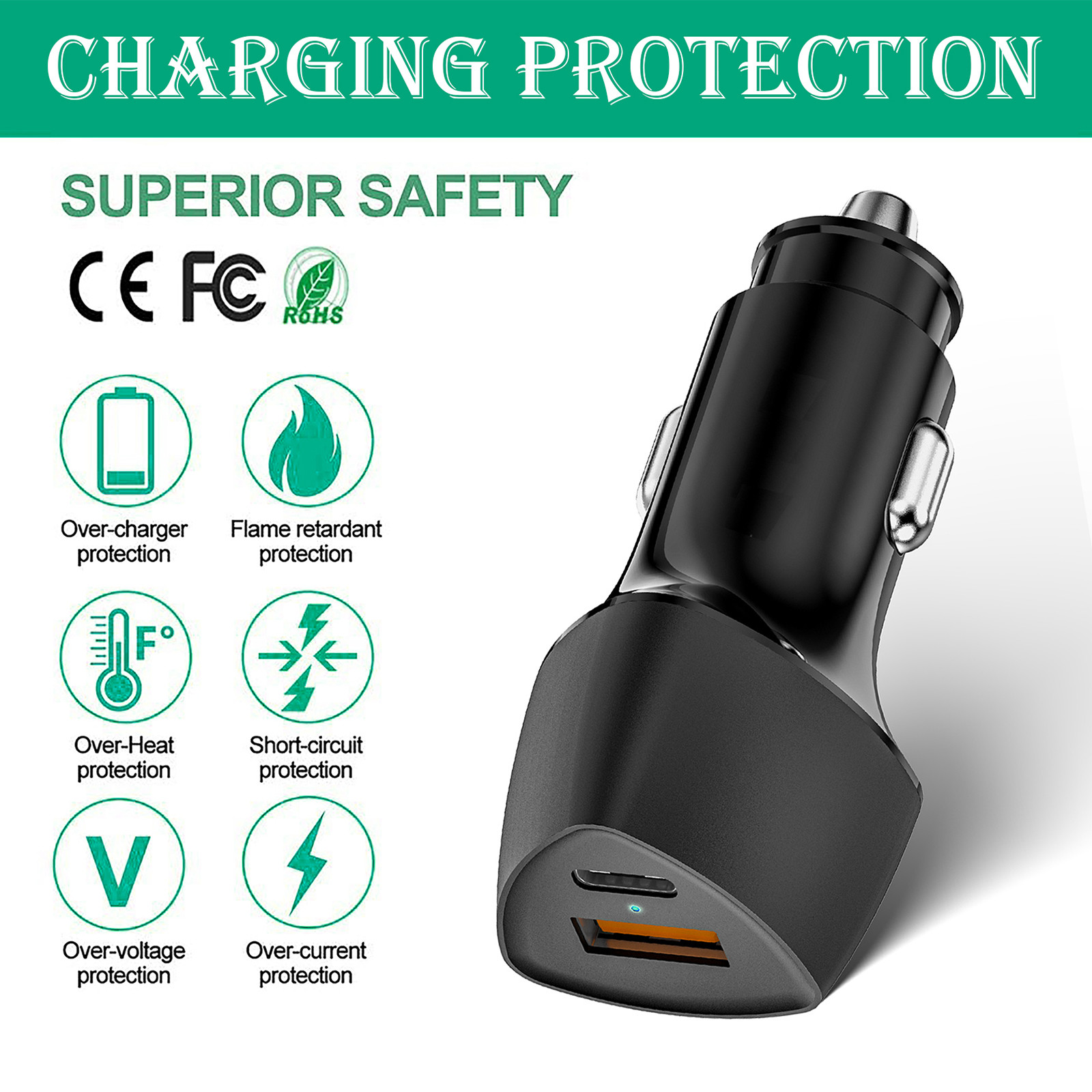 USB C PD 30W QC18W Car Fast Charger Adapter Dual Port Mini USB for IPhone 15/14