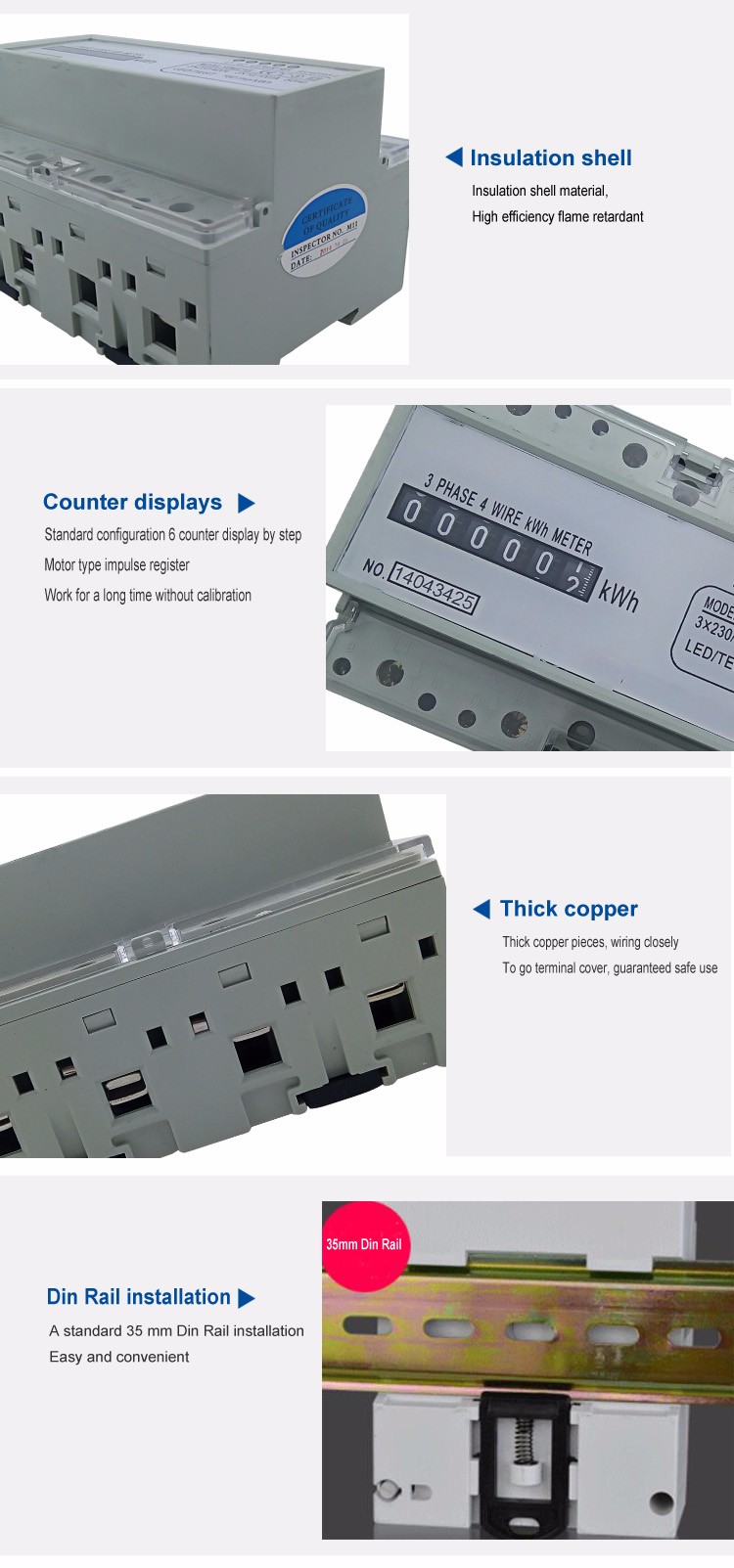Din Rail 7p Three Phase Counter Display Electric Kwh Watt Meter