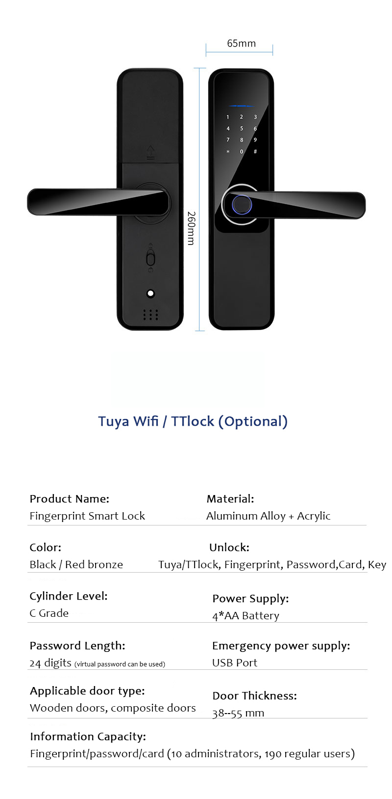 Unlock Method Tuya TTlock Password Fingerprint Smart Locks For Home