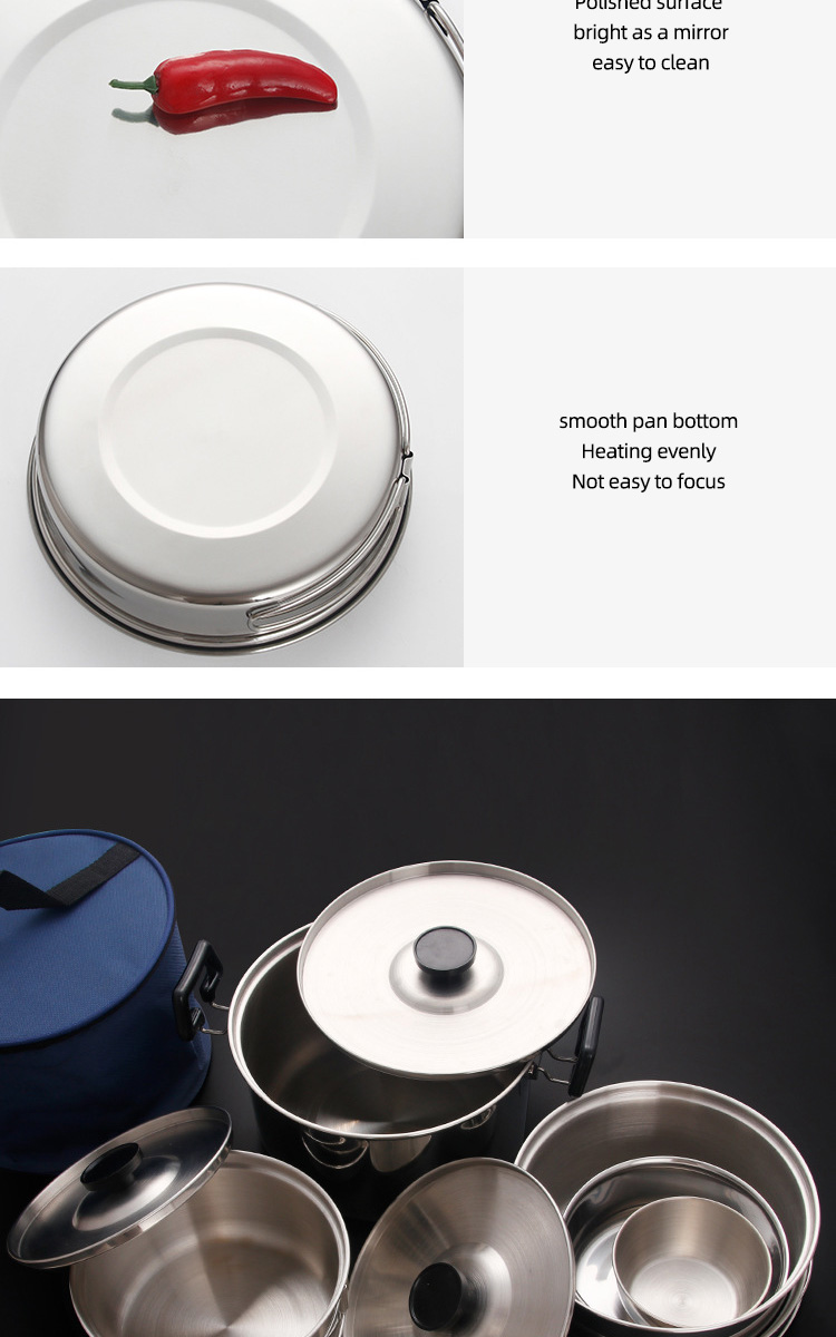High Quality 304 Stainless Steel Outdoor Cooking Pot Set Camping Cookware Set With Storage Bag