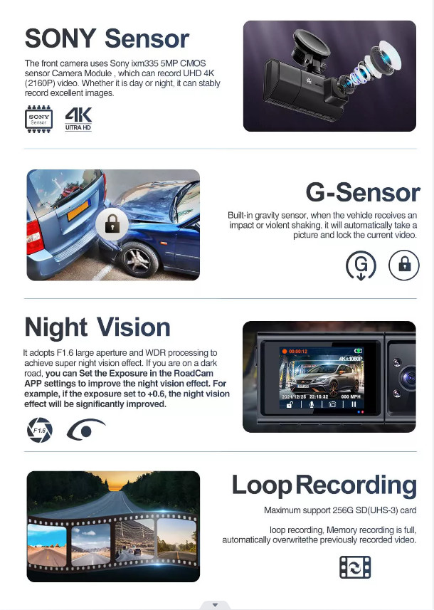 4K IMX335 Night Vision Vehicle Black Box Dash Cam 1080P 2 Inch 3 IN 1 DVR
