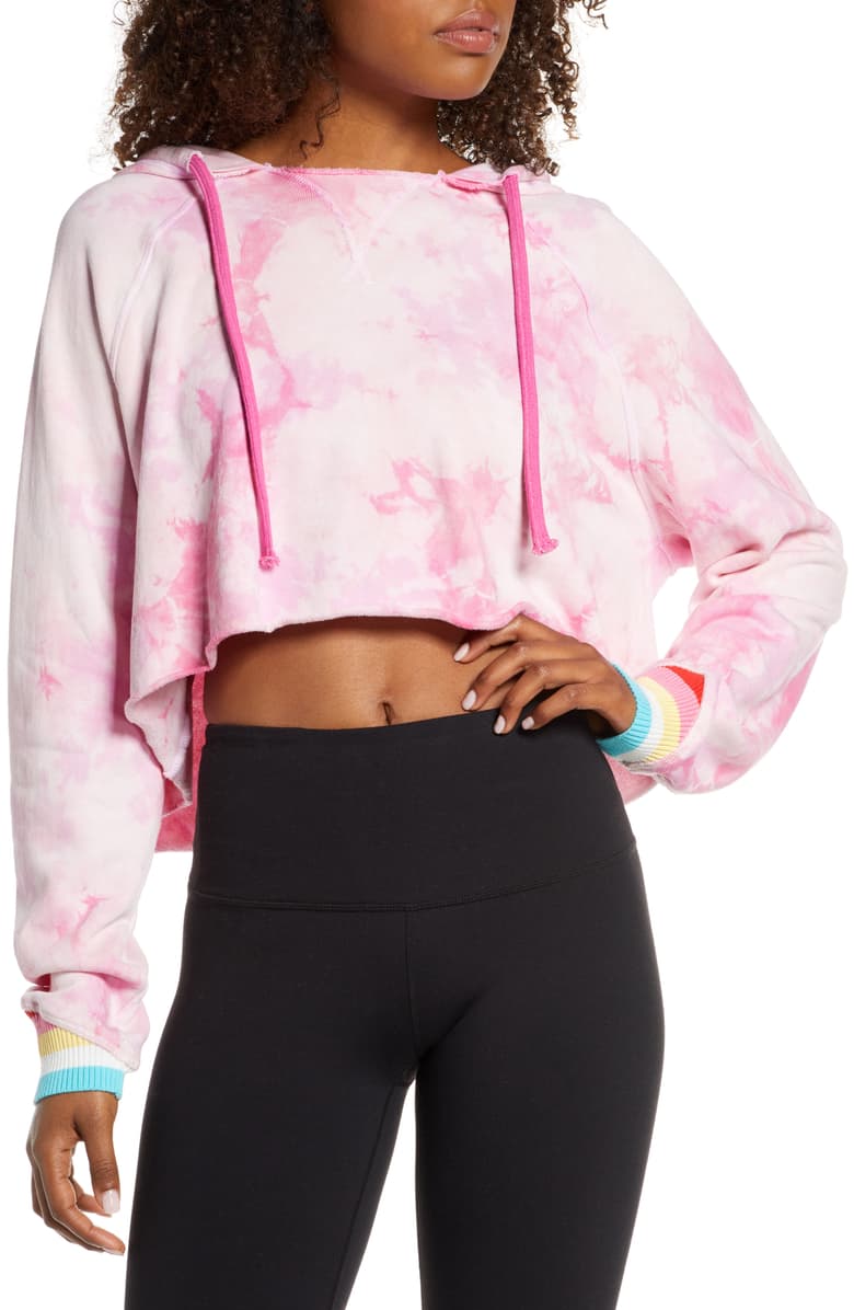 Trendy Women'S Plus Size Tie Dye Shirts , Pink Cropped Drawstring Sweatshirt