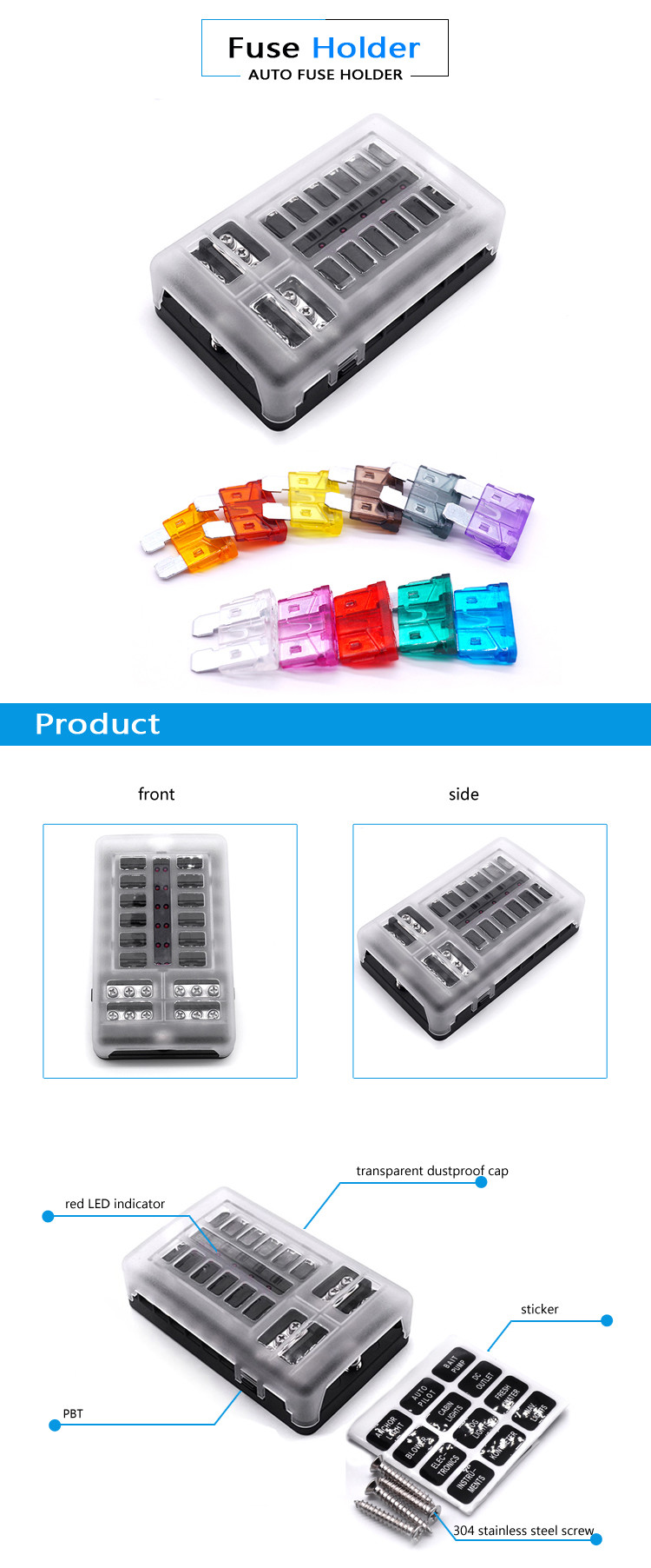 12 Circuit Ways Blade Fuse Box Positive Negative Bus Bar Fuse Block Box Holder with LED Indicator Dust-proof Protection