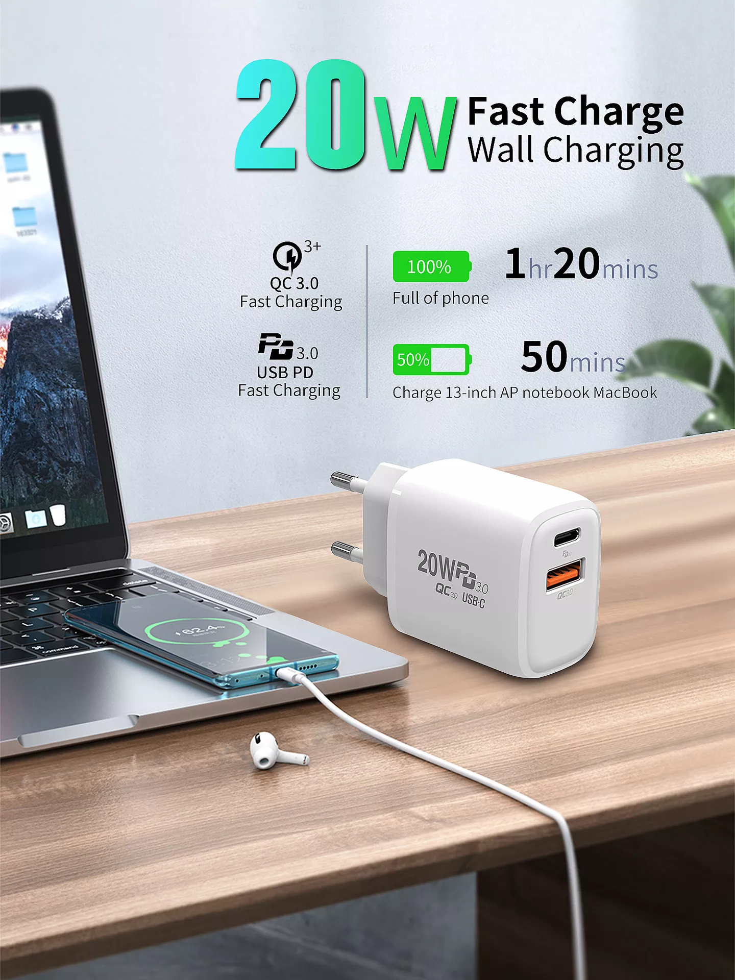 20W Fast Charging Power Socket A C Travel Charger for Mobile Phones/Laptops/Projectors