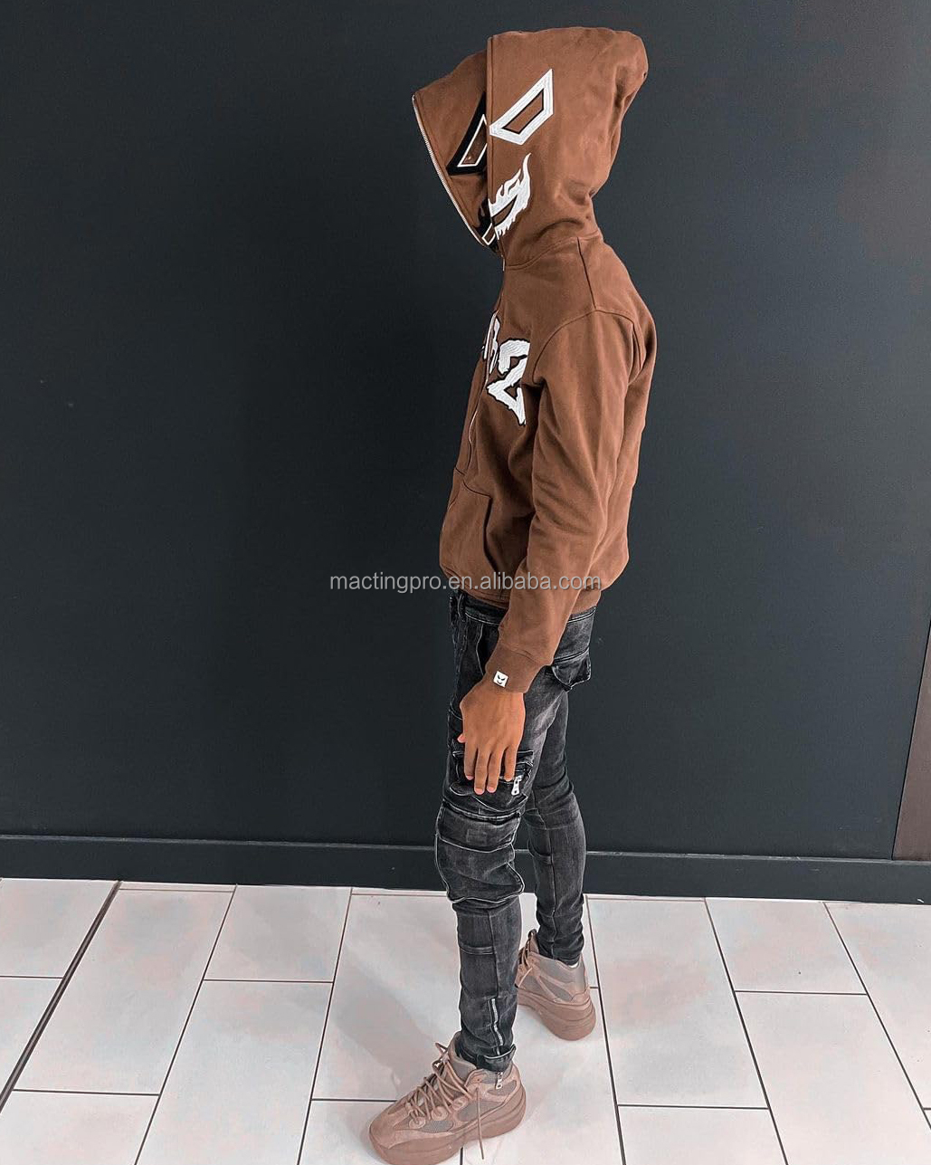 500 gsm Heavyweight Cotton Double Hoods Printed Custom Hoodies Full Face Zip Up for Men
