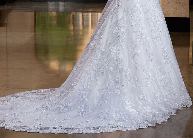 Long Tail A Line Bridal Gowns , Long Sleeve Lace Wedding Gown V Neck With Beads