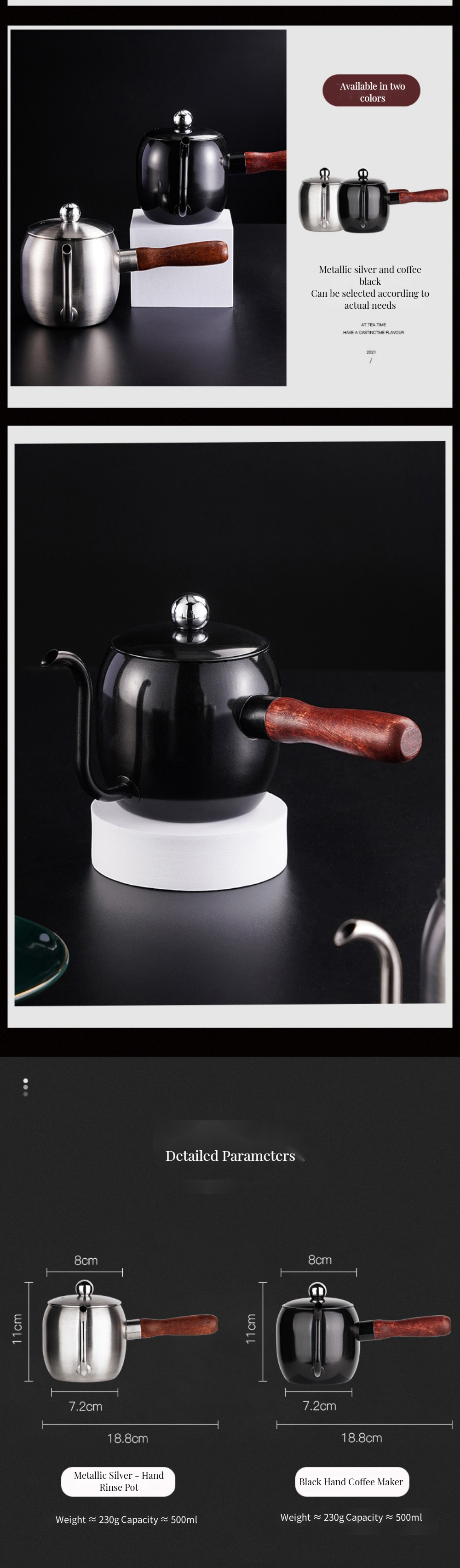 Long Mouth 304 Stainless Steel Coffee Pot with 500ml Capacity and Wooden Handle