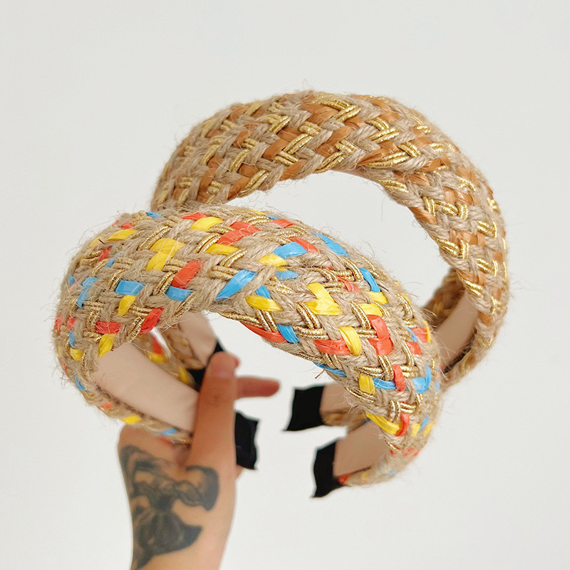 Simple Multi-Color Cross Straw Vintage Headband With Wide-Brimmed For Women