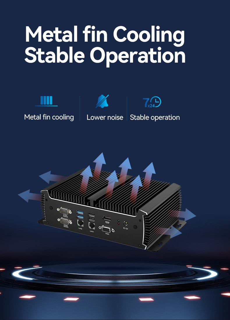 Black Fanless Industrial PC Mini Computer Intel Core Dual LAN Dual Display Asynchronous Output 1135G7U