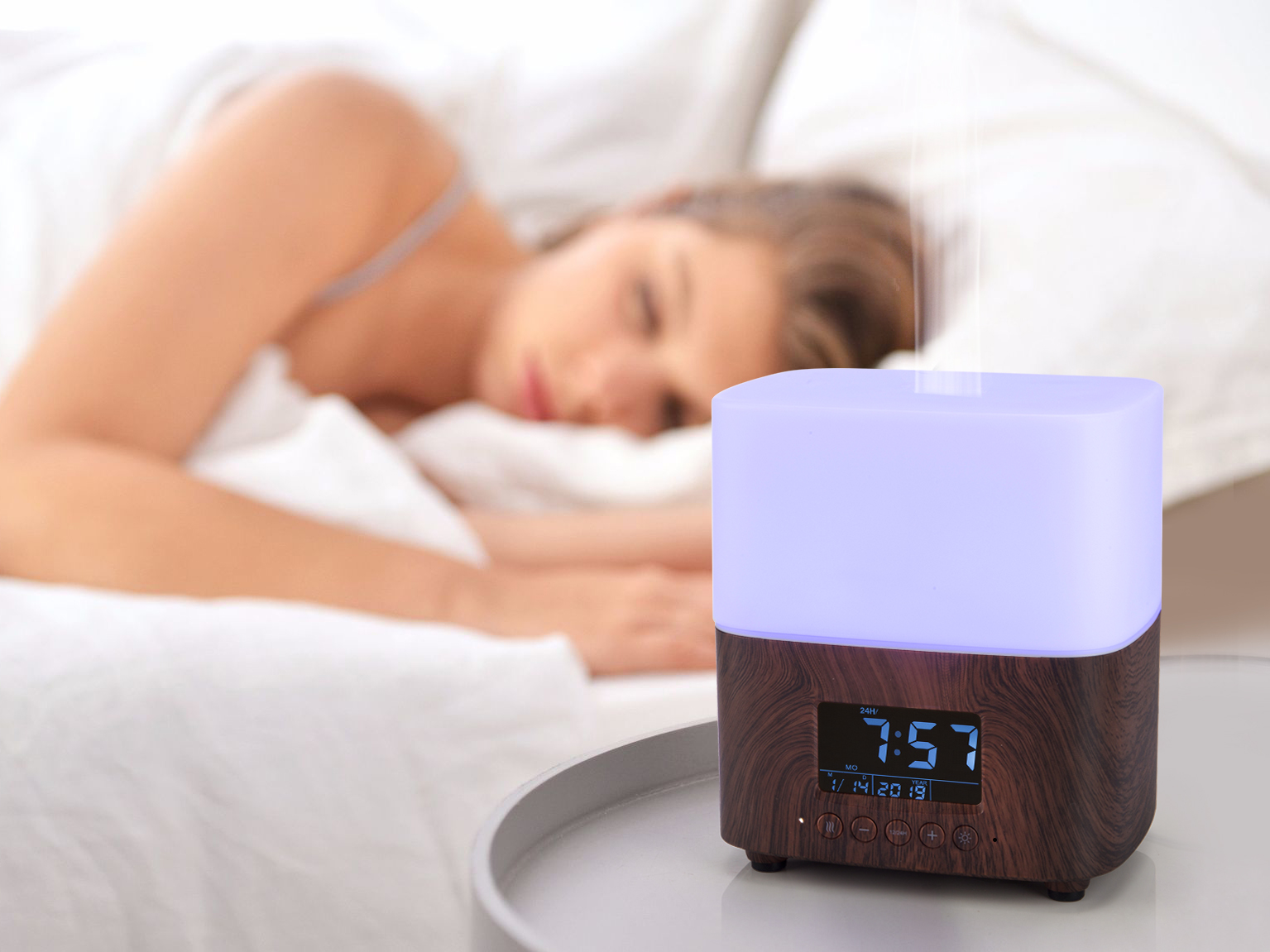 Hotel Ultrasonic Aroma Mist Essential Oil Diffuser Alarm Clock