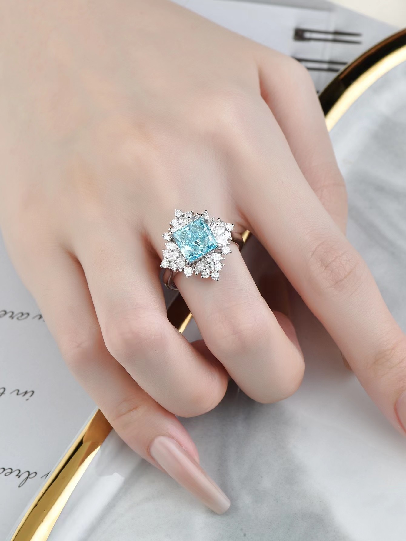 Pricess Cut 3ct VS Synthetic Blue Diamond Rings 18k White Gold Lab Grown Engagement Rings