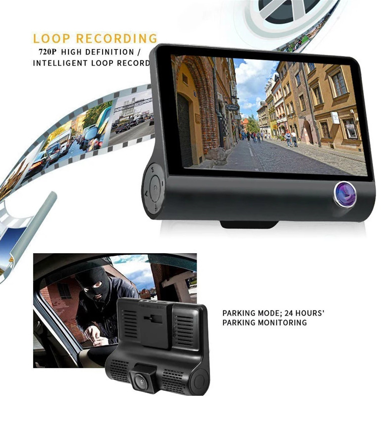 Wide Angle 4inch Digital Car DVR Three Lens Dash Cam Black Box Video Recorder G Sensor