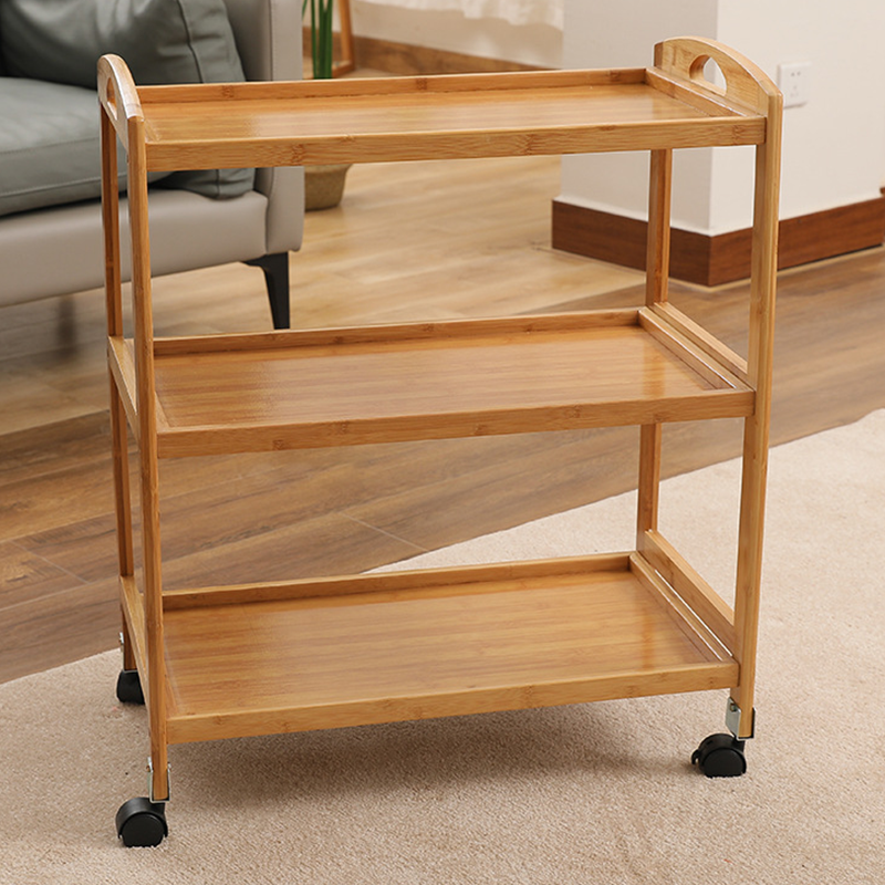 Direct Customized Logo 3 Tiers Island Cart for Hotel with Bamboo Material and Wheels