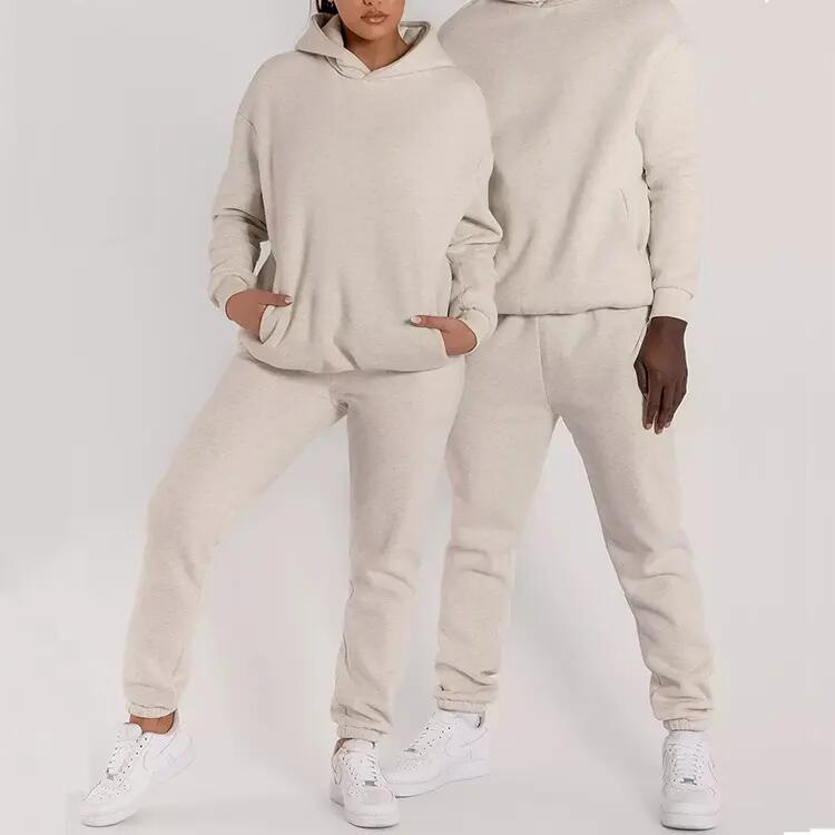 Custom Logo Jogger 100% Cotton Women Sportswear White Unisex Men Sweatsuit Tracksuit Hoodie Set