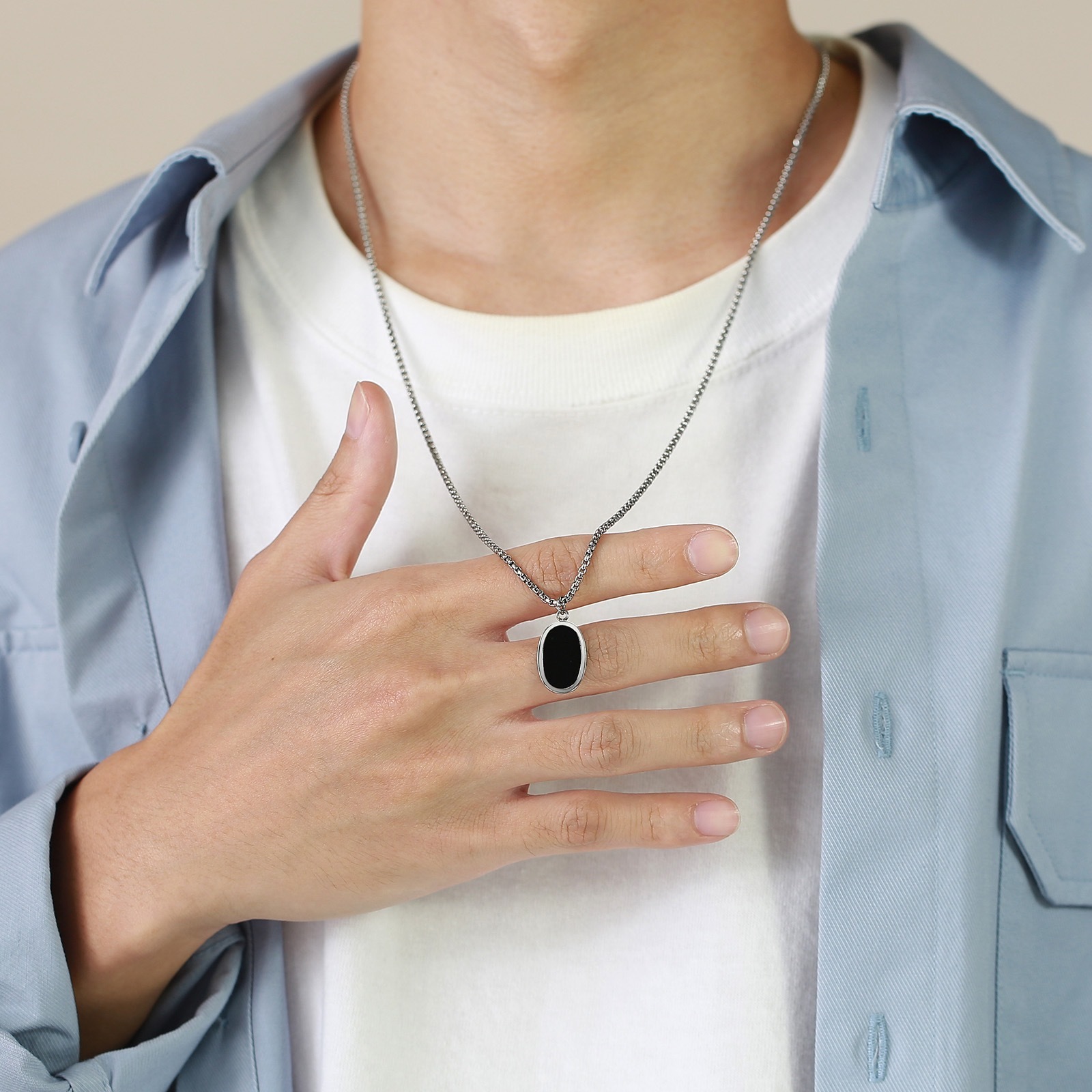Stainless Steel Link Chain Pendant for Men Simple Oval Design