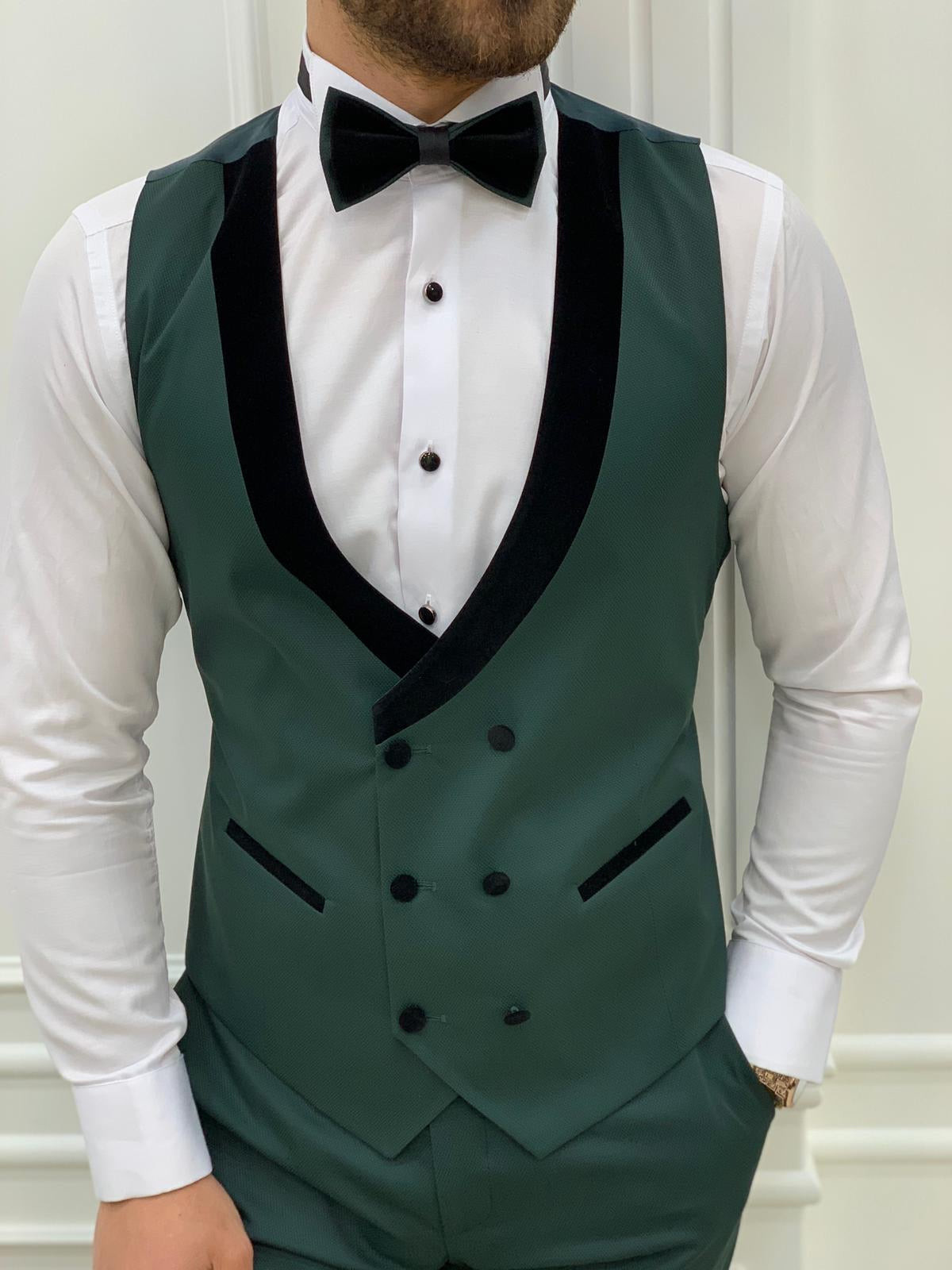 Infinite Green Slim Fit Velvet Mens Peak Lapel Tuxedo