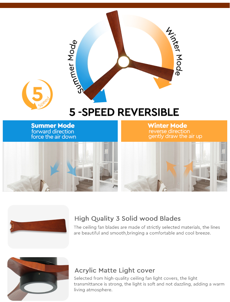 Modern 3 Blade Natural Wood LED Flush Mounted Ceiling Fan with 5 Speeds DC Motor