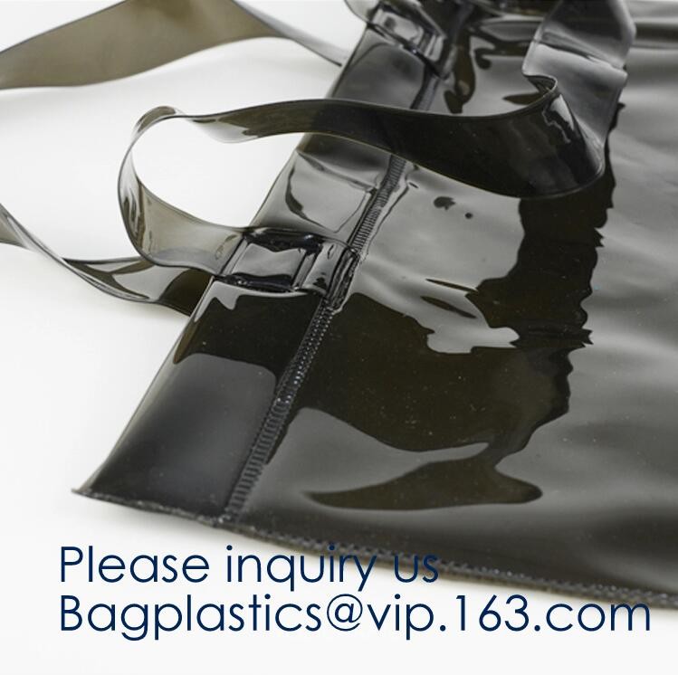 Waterproof All Over Printing PVC Coating Tote Shoulder Fabric Shopping Bag With Gusset And Lining,Jelly Clear Plastic PV