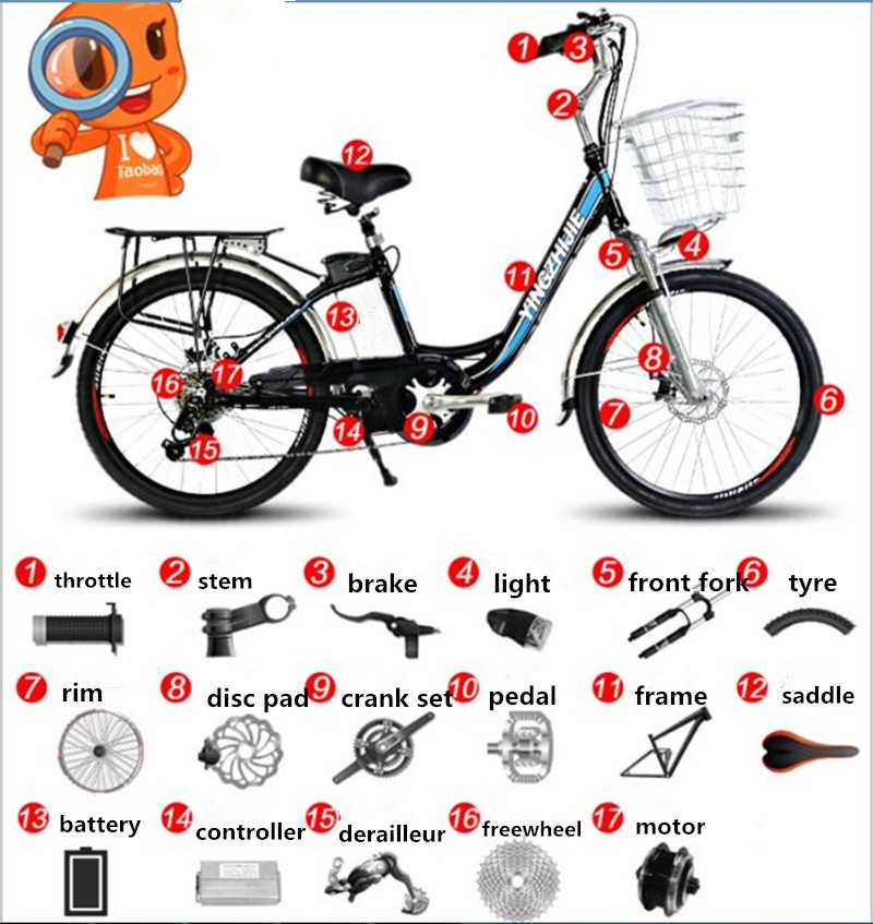 Display Battery Indicator 24 Inch Female Electric Bicycle 250W 7 Speed Gears
